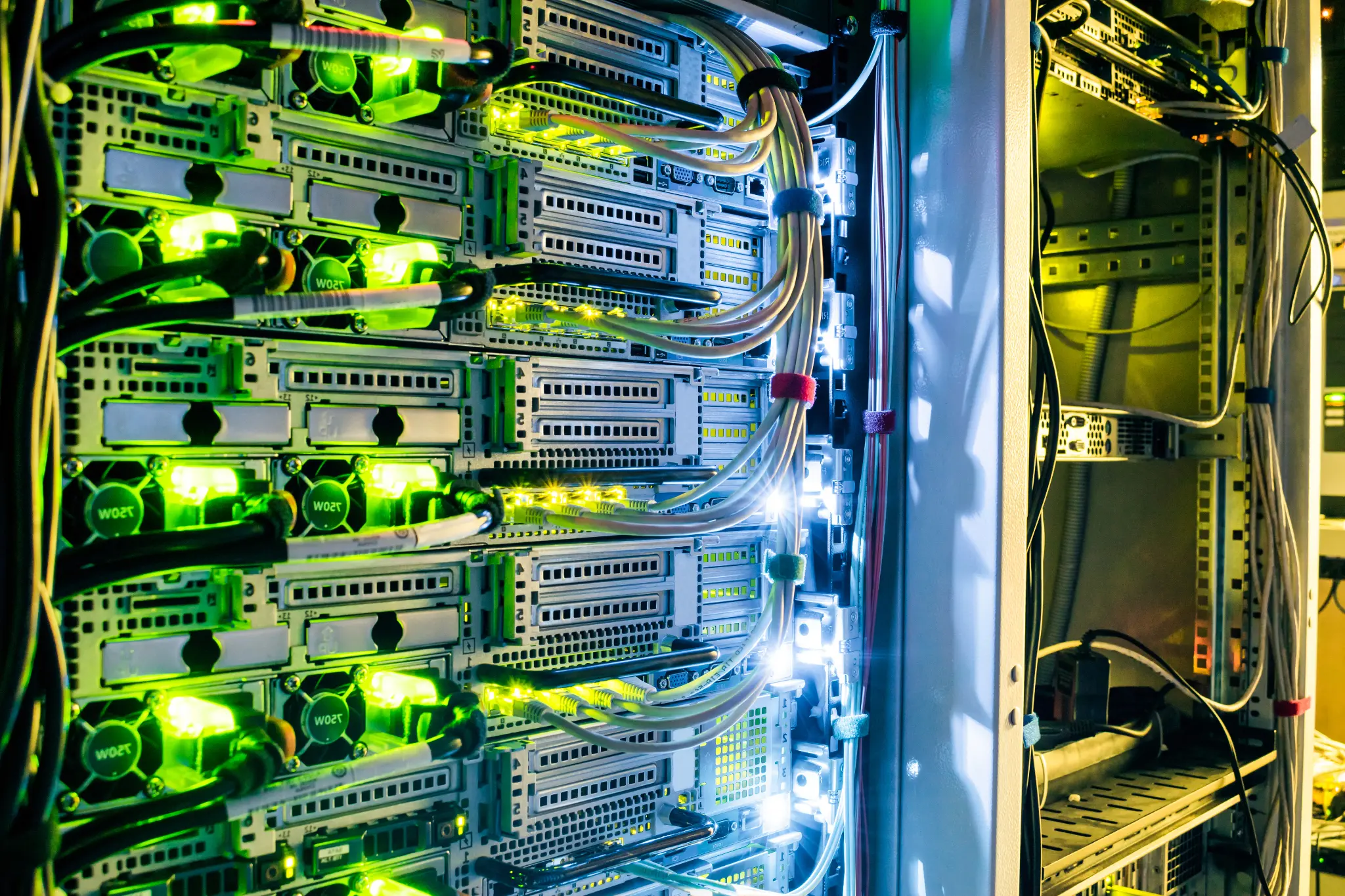 Data center server rack with LED indicators and organized cabling, demonstrating intelligent technology infrastructure and digital transformation capabilities