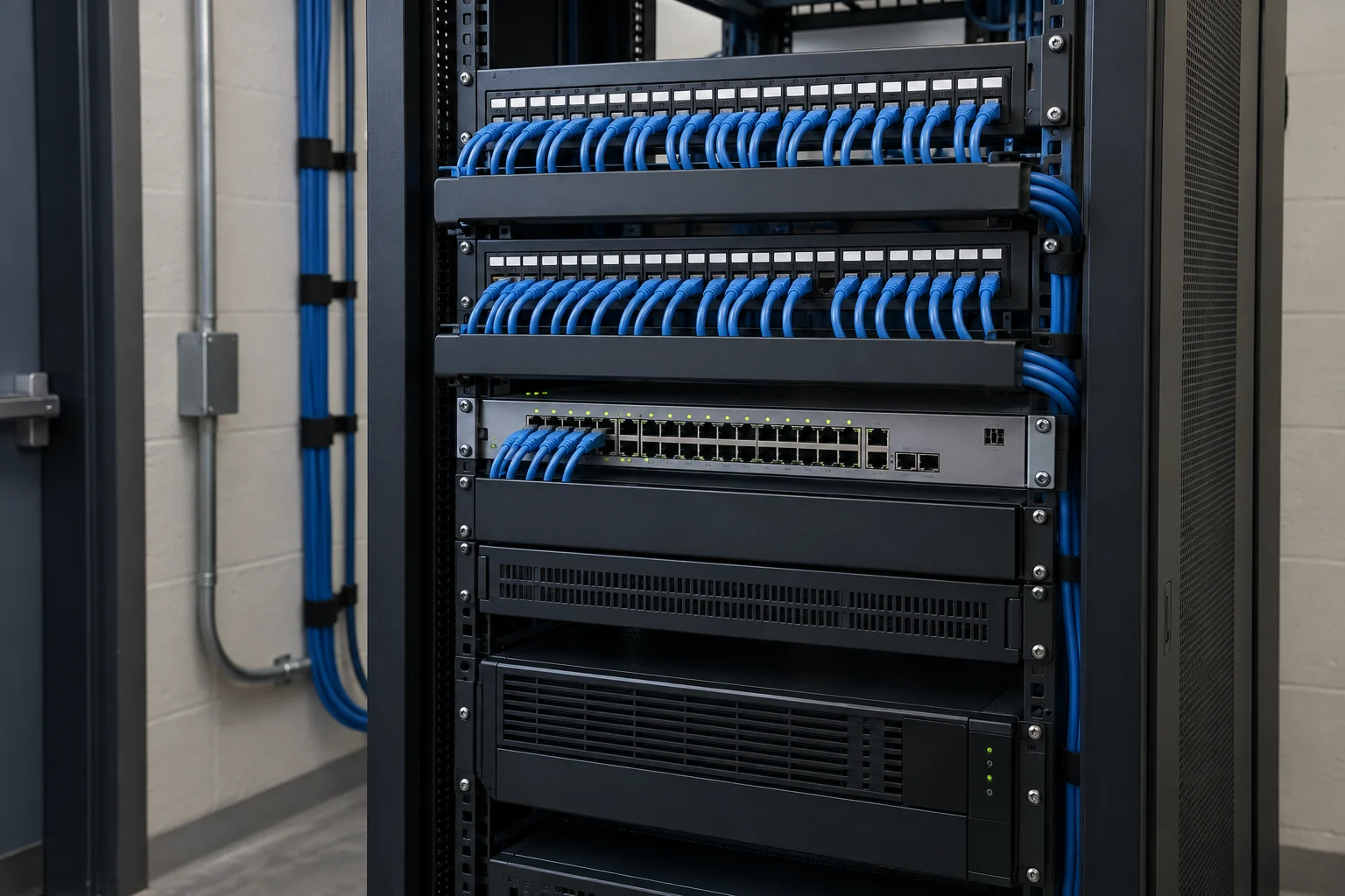 Conceptual illustration of an organized commercial network rack with blue patch cables