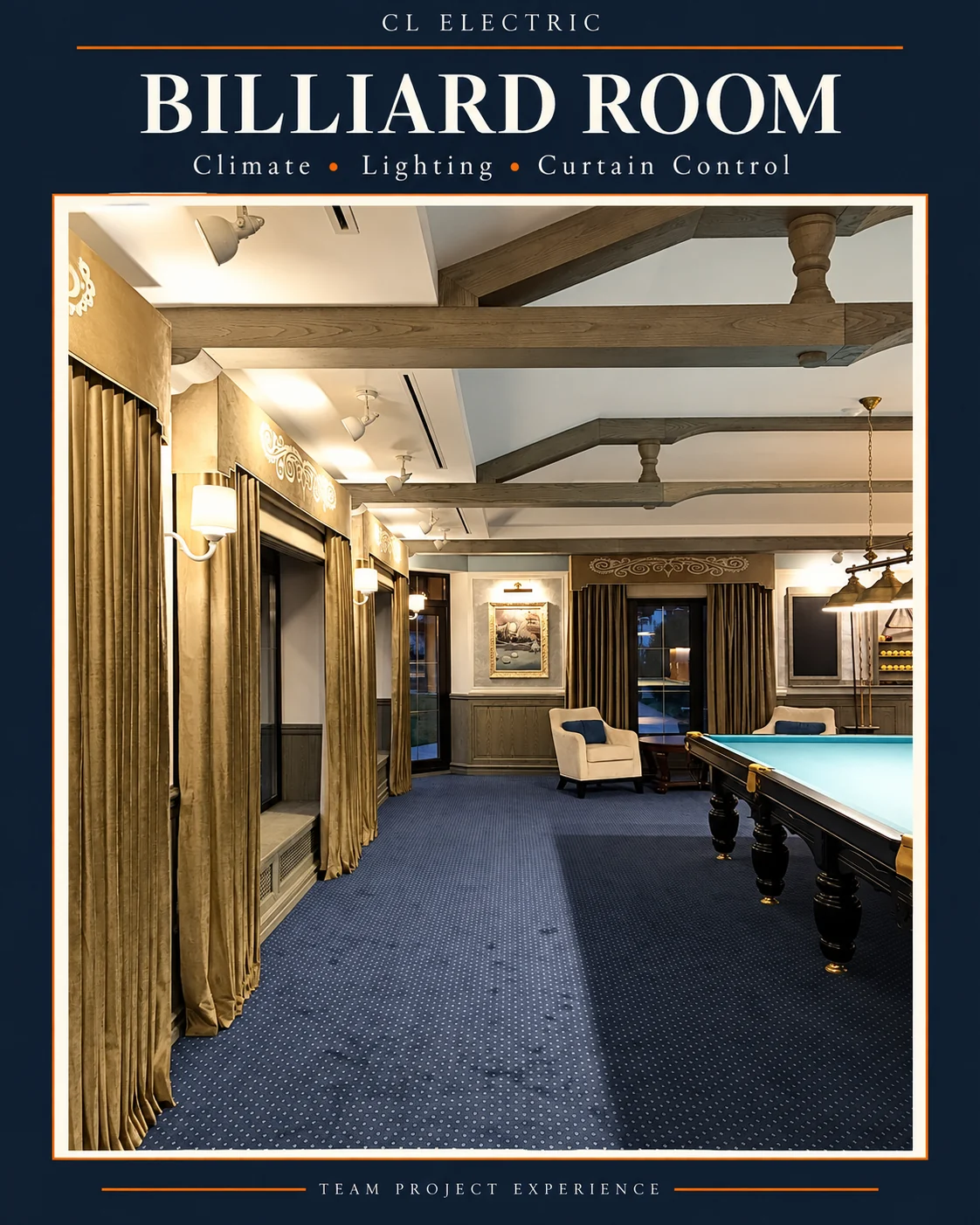 Designed project cover: Billiard Room: Integrated Climate, Lighting and Curtain Control