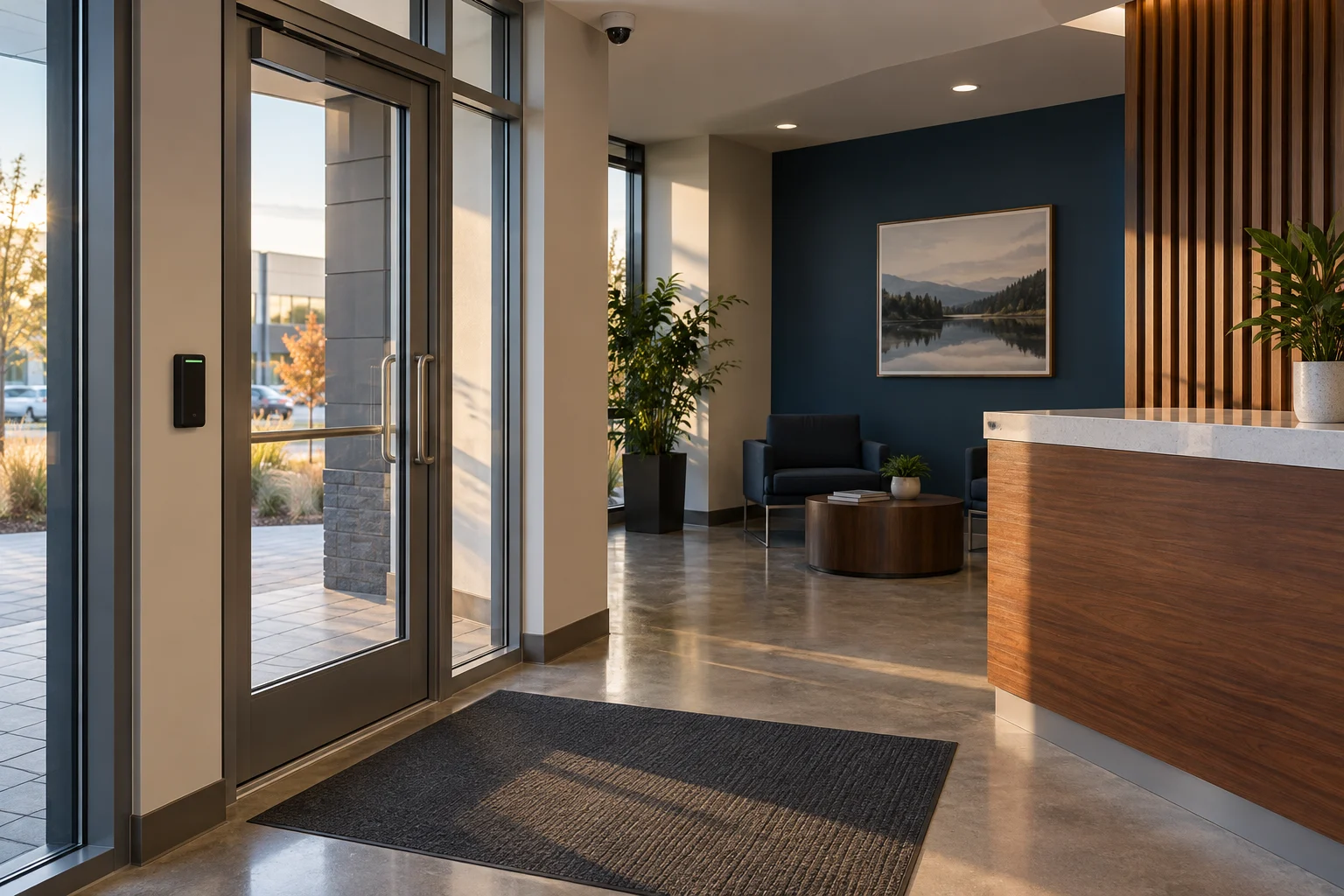 Conceptual illustration of a commercial reception entrance with a card reader and security camera