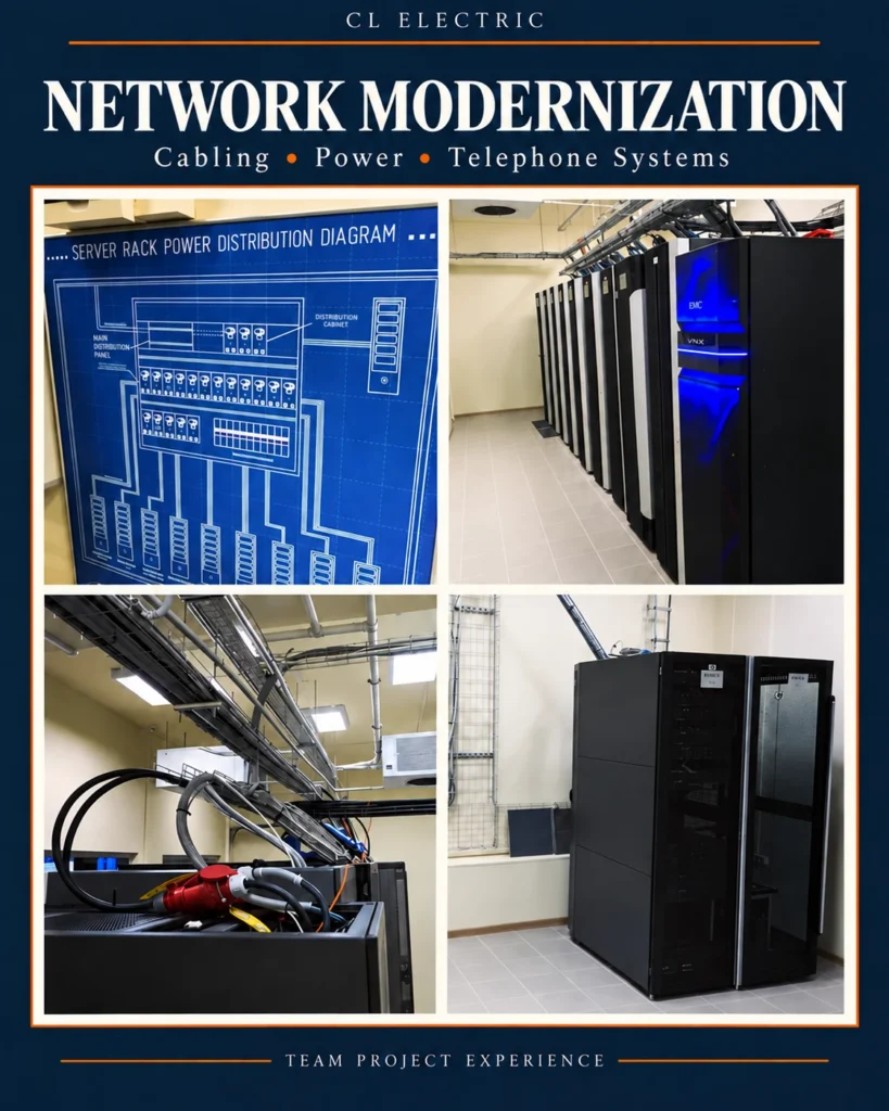 Network modernization project: cabling, power and telephone systems with an English-labelled server rack power distribution diagram