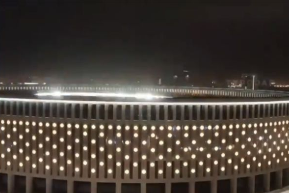 Nighttime stadium facade lighting, frame from the original project video
