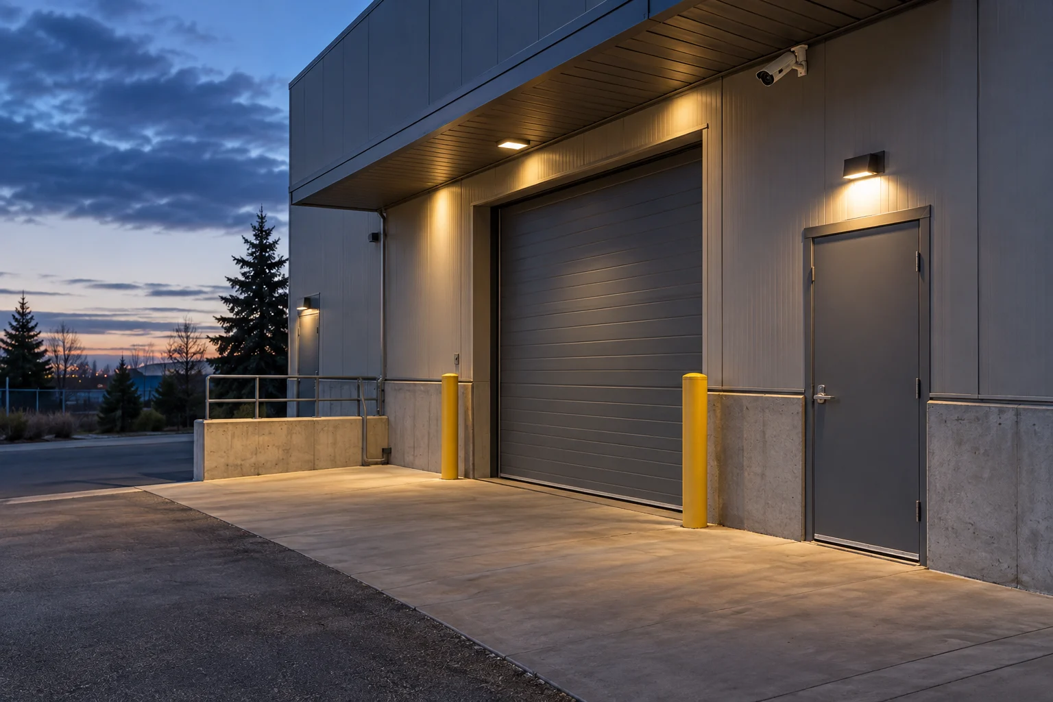 Conceptual illustration of a warehouse loading entrance with exterior lighting and a security camera