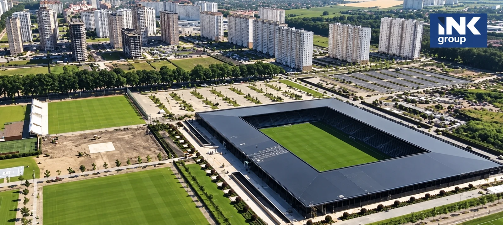 Aerial view of the venue — AI-enhanced project video frame.