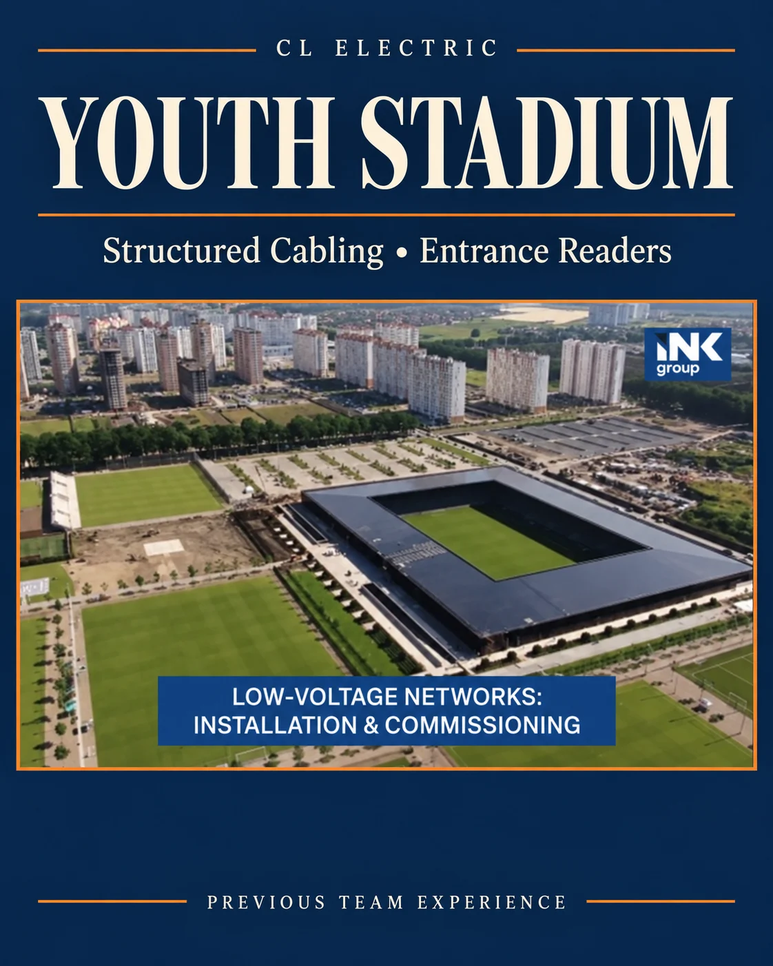 Youth stadium — structured cabling and entrance readers, cover based on original team footage